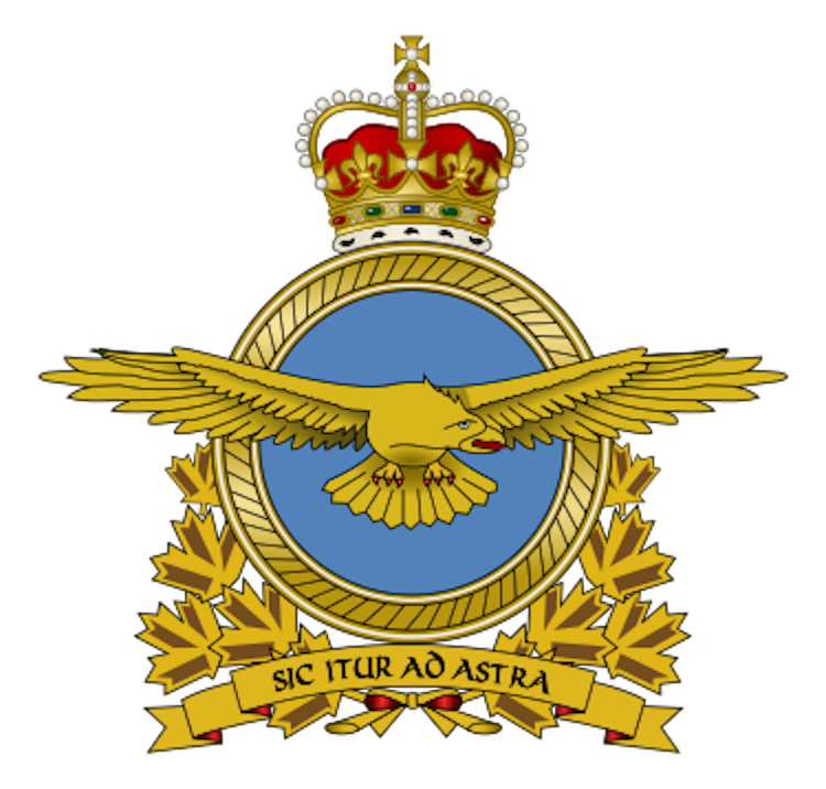 Royal Canadian Air Force Logo: Stylized eagle in the center, symbolizing strength and agility, with maple leaves and blue and white colors to represent Canadian identity.